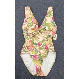 Urban Sea Peach Tropical Floral V-Neck Twist Front One Piece Swimsuit S NWT
